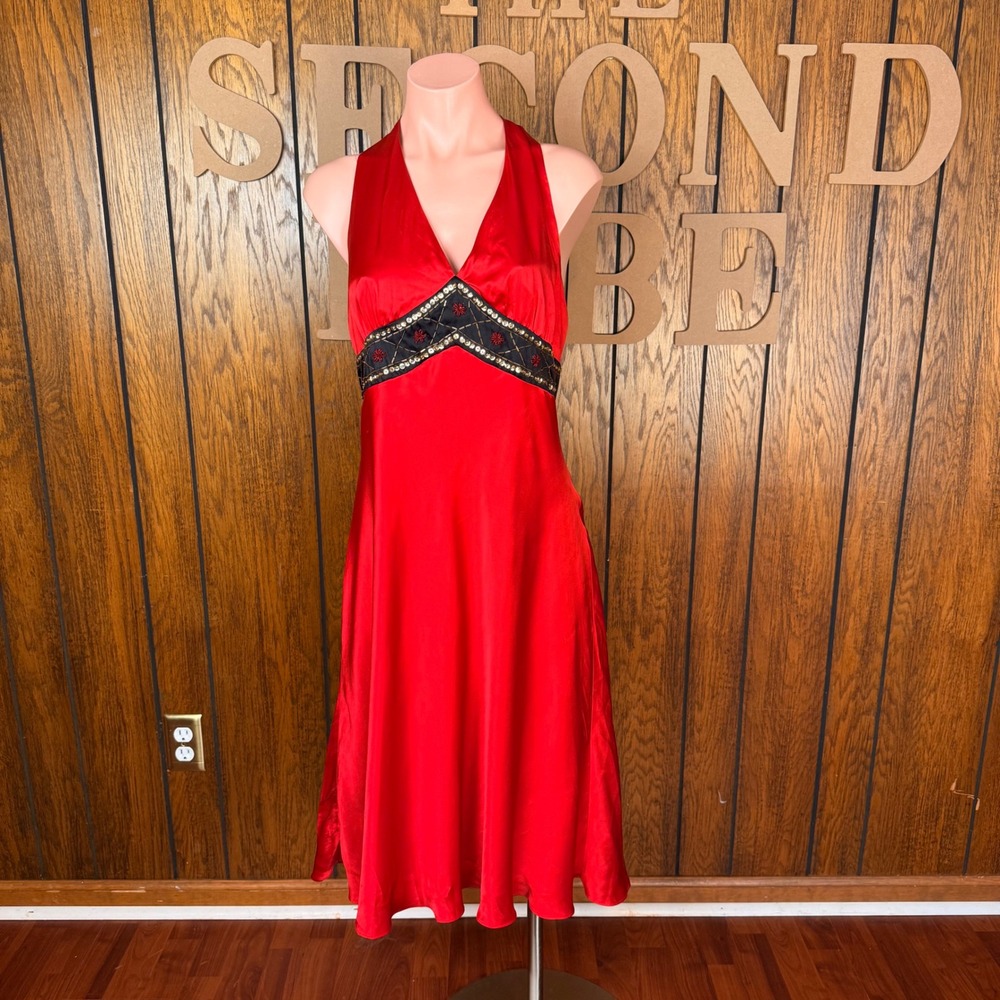 Signature By Robbie Bee Halter Dress Women 12 Red Silk Beaded Y2K Formal Dress